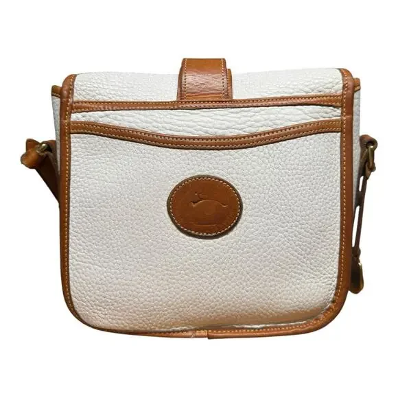 Vtg DOONEY & BOURKE AWL Equestrian Bag White Pebbled Leather British Tan 80's - Picture 2 of 16